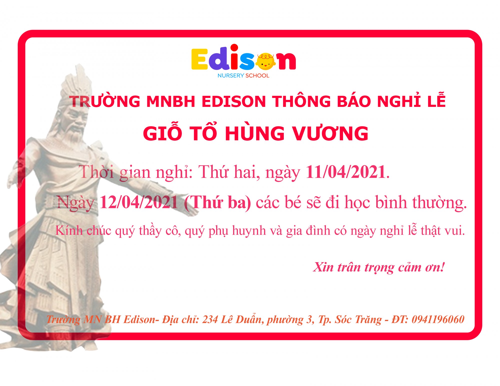 THÔNG BÁO NGHỈ LỄ GIỖ TỔ HÙNG VƯƠNG (10/3 âm lịch)